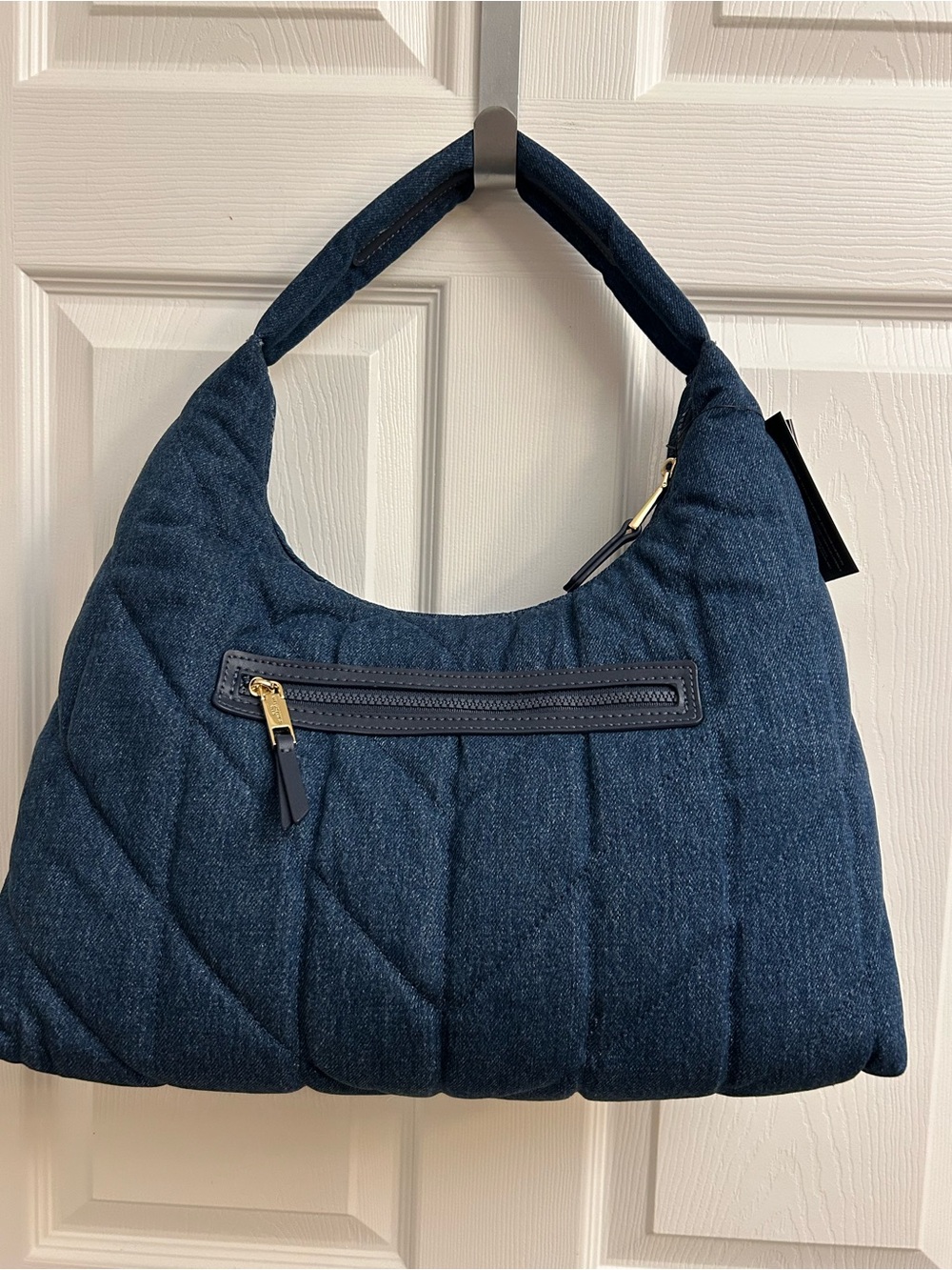 Karl Lagerfeld Quilted Dark Blue Denim Shoulder Bag with Gold Logo - Picture 3 of 16